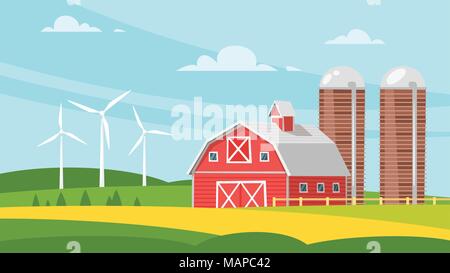 Vector cartoon style illustration of farm building - barn on rural landscape. Eco wind mills on the background. Stock Vector