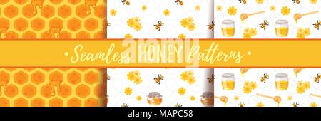 Vector cartoon style set of seamless pattern with honey comb ornament and beekeeping symbols. Stock Vector