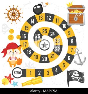 Vector flat style illustration of kids pirate board game template. For print. Square composition. White background. Stock Vector