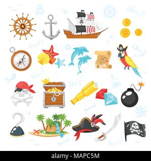 Vector cartoon style set of pirate adventure icons and symbols for your design. Isolated on white background. Stock Vector