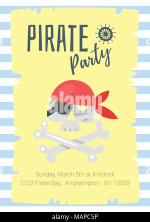 Vector cartoon style kids Pirate party poster with skull in red bandana and crossed bones on torn paper and stripes background. Stock Vector