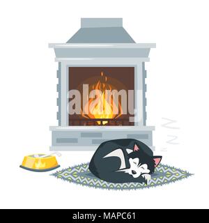 Vector cartoon style illustration of fireplace and cute husky dog sleeping on the carpet near it. Сoziness background. Stock Vector