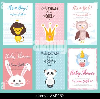 Vector cartoon style illustration of Baby shower invitation set. Baby boy and girl celebration greeting card template with cute characters animals on  Stock Vector