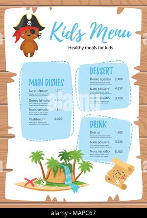cute bear animal in frame with - Vector Cartoon Style Design For Kids Menu With Cute Character Animal Bear In Pirate Costume Treasure Map And Island Children Menu Meal Template Woo Mapc67 
