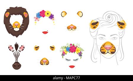 Vector cartoon style cute animal and woman faces set of elements or carnival masks, flower wreath, lips. Decoration items for your selfie photo and vi Stock Vector