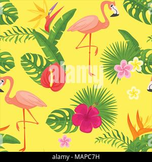 Vector cartoon style summer seamless pattern with tropical leaves, flamingo and flowers. Stock Vector