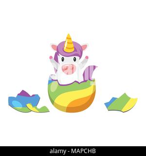 Vector cartoon style illustration of cute unicorn hatched from rainbow color egg. Isolated on white background. Stock Vector