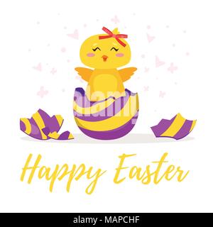 Vector cartoon style illustration of Happy Easter day greeting card with cute chick hatched from striped egg. Stock Vector