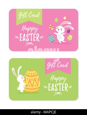 Vector cartoon style illustration of Happy Ester gift cards design template with funny holiday bunnies and colorful painted eggs. Stock Vector