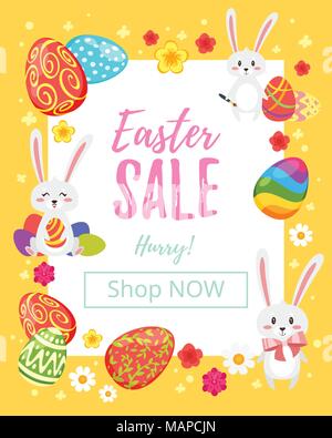Vector cartoon style illustration of Easter Sale banner with white frame and colorful painted eggs around, funny holiday bunnies and flowers on yellow Stock Vector