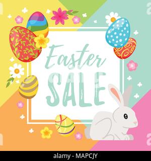 Vector cartoon style illustration of Easter Sale banner with colorful painted eggs and flowers around on geometric background. Easter bunny at the cor Stock Vector