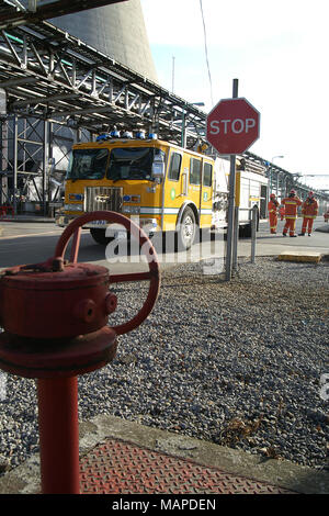 fire engine at chemical plant incident, industrial fire Stock Photo