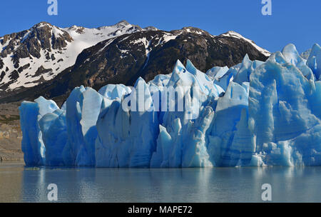 Close up photograph of the Grey Glacier during an expedition boat excursion inside the Torres del Paine national park, Patagonia, Chile. Stock Photo