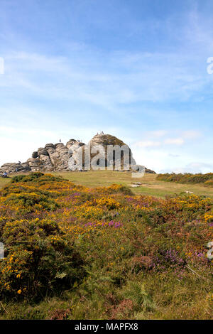 People walking up to, on, and around a massive rock formation called Haytor in Dartmoor, Devon, England. These rocks and its adjacent visitor center a Stock Photo