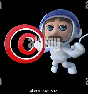 3d render of a funny cartoon astronaut spaceman holding a copyright symbol Stock Photo