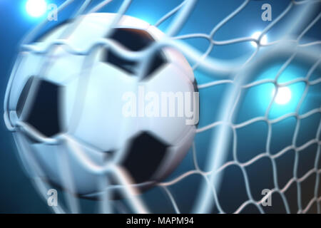 3d rendering soccer ball in goal in motion. Soccer ball in net in motion with spotlight or stadium light background, Success concept Stock Photo