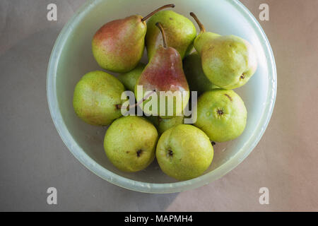 Fresh Anjou pears in a plastic bowl. Green with red sides Stock Photo