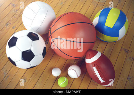 3d rendering sport balls on wooden backgorund. Set of sport balls. Sport equipment such us football, basketball, baseball, tennis, golf ball for team and individual playing for recreation and improve health. Stock Photo