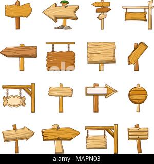 Signpost road wooden icons set, cartoon style Stock Vector