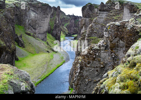 Fjaorargljufur Canyon, Iceland, about 100 meters deep and about two kilometers long Stock Photo