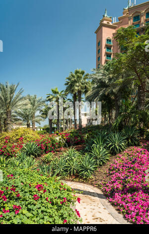 Outside gardens of the Atlantis Palm Resort on The Palm in Dubai, UAE, Middle East. Stock Photo