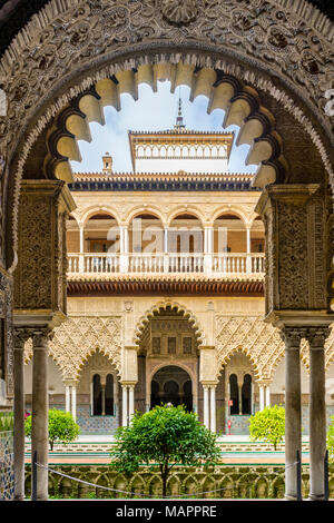 Patio de las Doncellas inside the Real Alcazar Royal Palace (Reales Alcázares de Sevilla) in the Spanish city of Seville, Andalusia, Spain Stock Photo