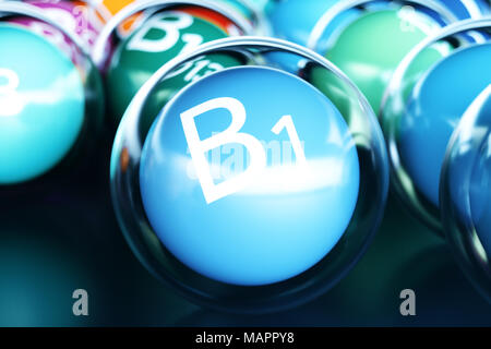 Vitamin B1, on black background. Symbol of health and longevity, 3d rendering Stock Photo