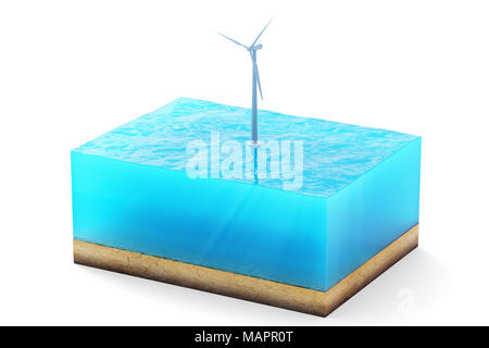 3d rendering of cross section of water cube isolated on white background. Wind turbine in the sea producing clean energy Stock Photo