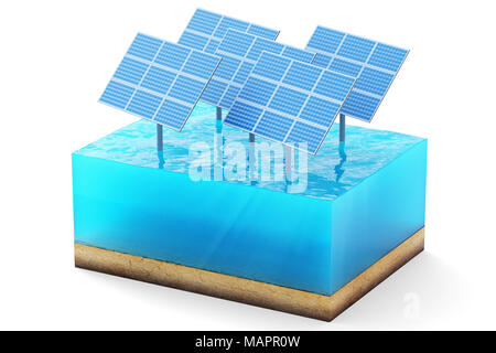 3d rendering of cross section of water cube isolated on white background. Blue Solar panels in the sea producing clean energy Stock Photo