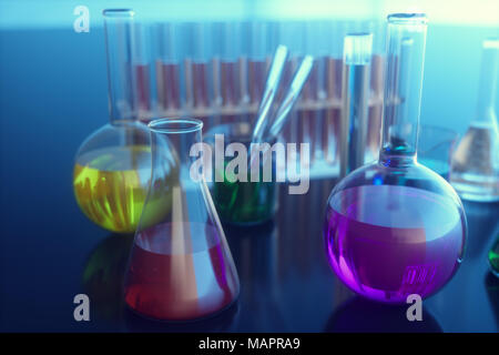 3d illustration of a chemical reaction, the concept of a scientific laboratory on a blue background. Flasks filled with colored liquids with different compositions Stock Photo