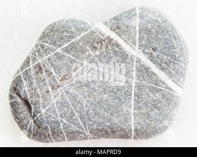 macro shooting of natural mineral rock specimen - Greywacke sandstone on white marble background Stock Photo