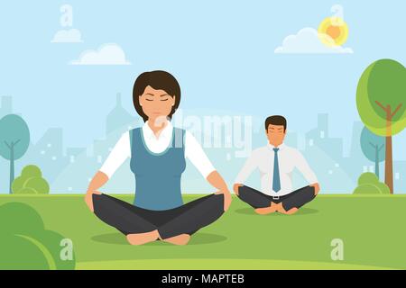 Flat vector illustration of calm woman and man doing meditation in the lotus position in the park on the green field. People relaxing and meditating a Stock Vector