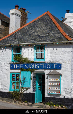 a small and traditional gift shop or artists gallery selling souvenirs at Mousehole on the Cornish coast. tourism and pretty heritage cottage cornwall Stock Photo