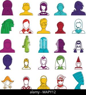 Woman avatar icon set, color outline style Stock Vector
