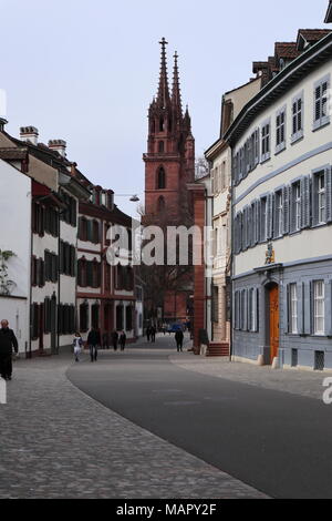 Grossbasel street scene with the bell towers of the Münster / Minster, old town, Basel, Switzerland, Europe Stock Photo