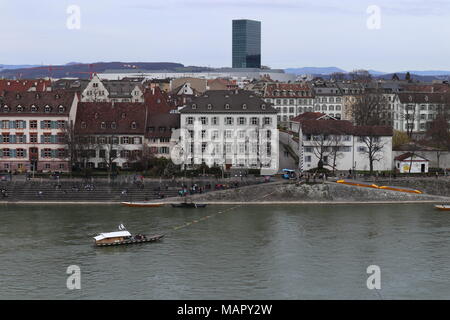 Cityscape, riverside of Kleinbasel with the ferry Leu, old town, River Rhine, Basel, Switzerland, Europe Stock Photo