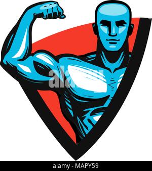 Gym, bodybuilding, fitness logo or label. Muscle male or bodybuilder. Vector illustration Stock Vector