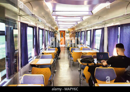 train greece athens dining car greek belongs sitting march 24th passengers inside passenger reading female book alamy interior similar preview