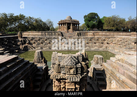 Modhera Sun Temple, built in 1026 to 1027, ornately carved in stone and dedicated to the solar deity Surya, Modhera, Mehsana district, Gujarat, India, Stock Photo