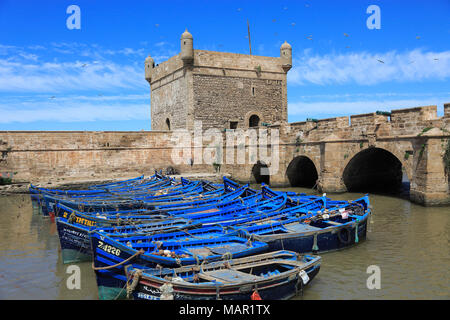 Skala du Port, fishing boats and harbor, 18th century Ramparts, Essaouira, Morocco, Atlantic Coast, North Africa, Africa Stock Photo