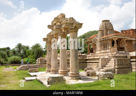 The Sas-Bahu Temples consisting of two temples and a stone archway with exquisite carvings depicting Hindu deities, near Udaipur, Rajasthan, India, As Stock Photo