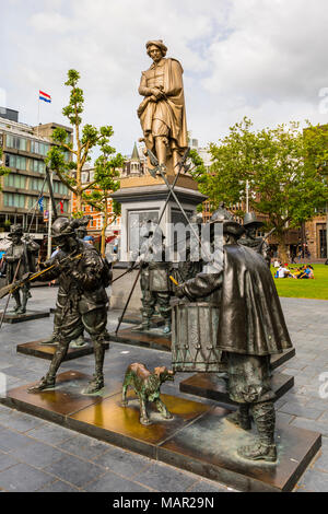 The statue of Rembrandt designed in 1852 by sculptor Louis Royer, Rembrandtplein square, Amsterdam, Netherlands, Europe Stock Photo