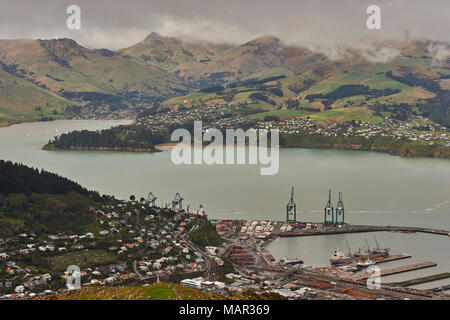 View of Lyttelton Harbour from summit of Christchurch Gondola, Heathcote Valley, Christchurch, Canterbury, South Island, New Zealand, Pacific Stock Photo