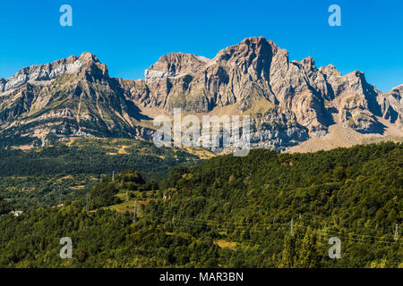 From left, peaks of Corona de Mallo, Parad  2764m and Telera on right, seen from Panticosa, Upper Tena Valley, Pyrenees, Huesca, Spain, Europe Stock Photo