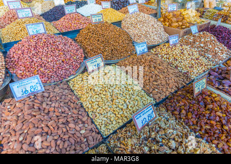Nuts, dried fruits and raisins on produce stall in Central Market, Monastiraki District, Athens, Greece, Europe Stock Photo