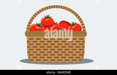 Wicker basket with fresh tomatoes. Illustrated vector. Solid flat color. Stock Vector