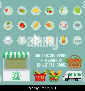 Organic Fruits and vegetables icons with solid flat color. Stock Vector