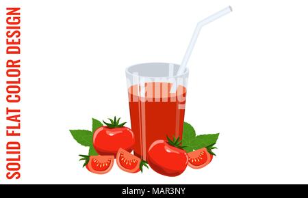 Glass of tomato juice, tomatoes and basil. Vector flat colors Stock Vector