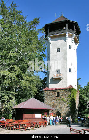 KARLOVY VARY, CZECH REPUBLIC - SEPT 6, 2014: Diana watchtower in spa town Karlovy Vary, West Bohemia, Czech republic. Famous historical springs, most  Stock Photo