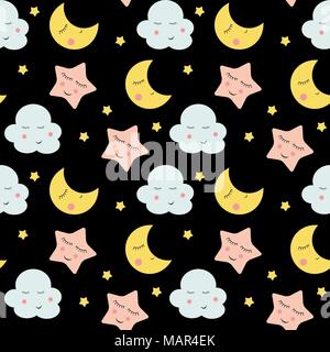 Cute Clouds, Star and Moons  Seamless Pattern Background Vector Illustration Stock Vector